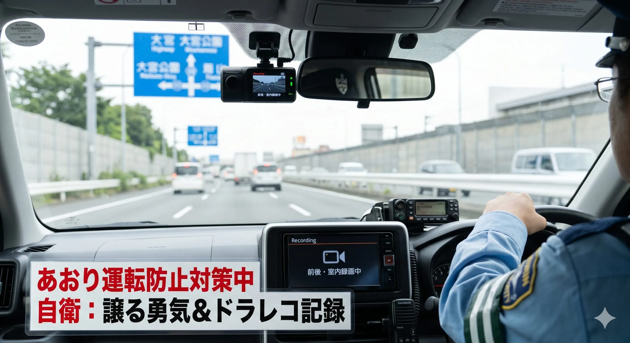 2026年最新のあおり運転厳罰化（妨害運転罪）を解説するアイキャッチ画像。車の車内から見たドライブレコーダーの映像と、3年以下の懲役・免許取り消しなどの罰則内容をまとめたインフォグラフィック。