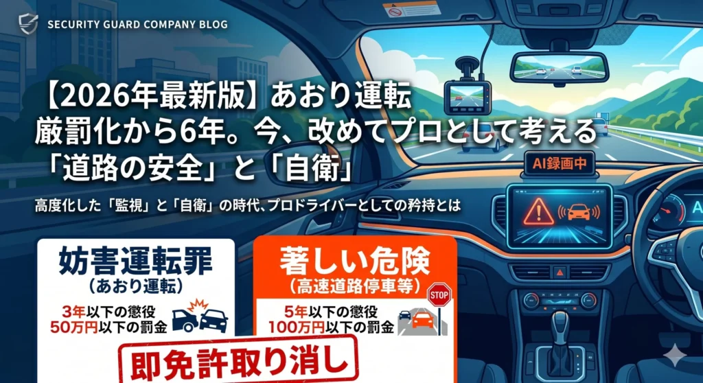2026年最新のあおり運転厳罰化（妨害運転罪）を解説するアイキャッチ画像。車の車内から見たドライブレコーダーの映像と、3年以下の懲役・免許取り消しなどの罰則内容をまとめたインフォグラフィック。