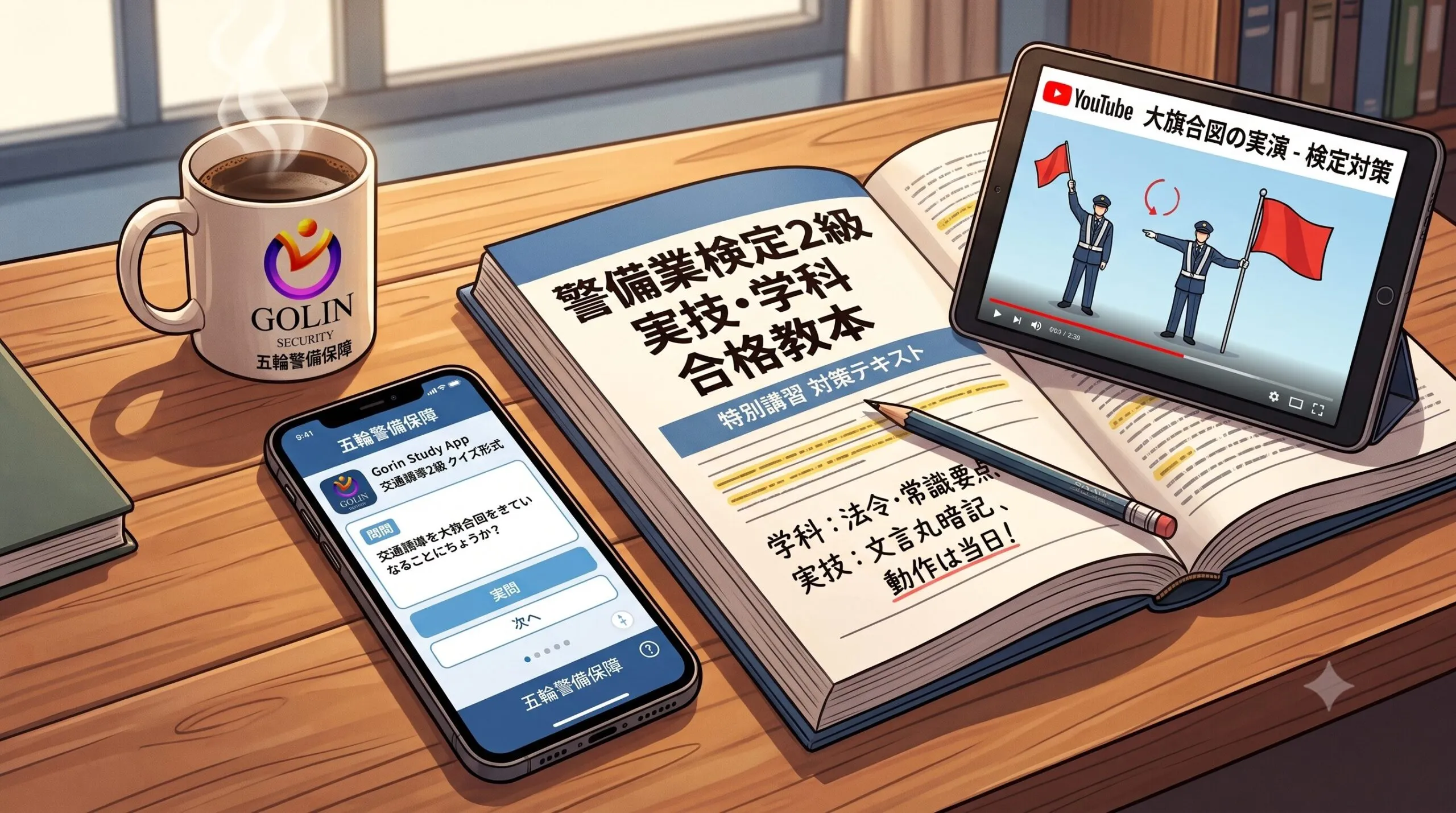 五輪警備保障の勉強机で、教本「警備業検定2級 特別講習対策テキスト」と並ぶ、自社専用の学習アプリが表示されたスマートフォン。ロゴマークrogomark.webpが表示されている。クローズアップ。