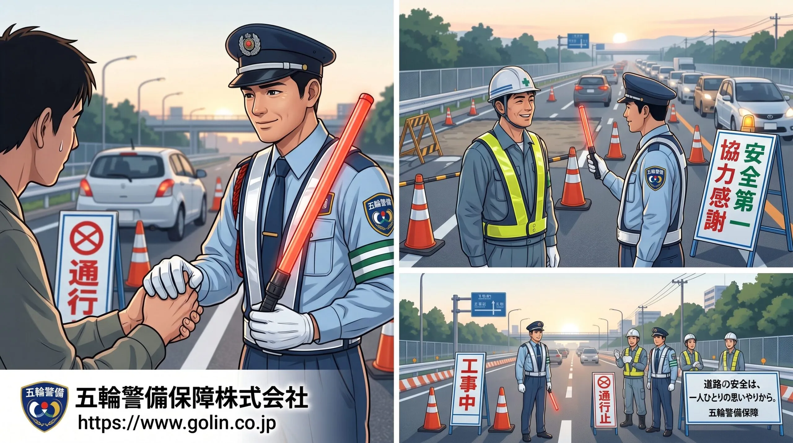 五輪警備保障の警備員とドライバーの握手、作業員と警備員の協力、そして工事現場全体の安全な誘導風景。会社ロゴとURL、安全運転を呼びかけるメッセージ。