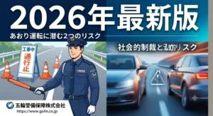 五輪警備保障の「あおり運転」注意喚起ブログアイキャッチ画像。2026年最新版のタイトル、工事現場を守る警備員、車間距離を詰めて走る車のリスクイメージ、会社ロゴとURL。
