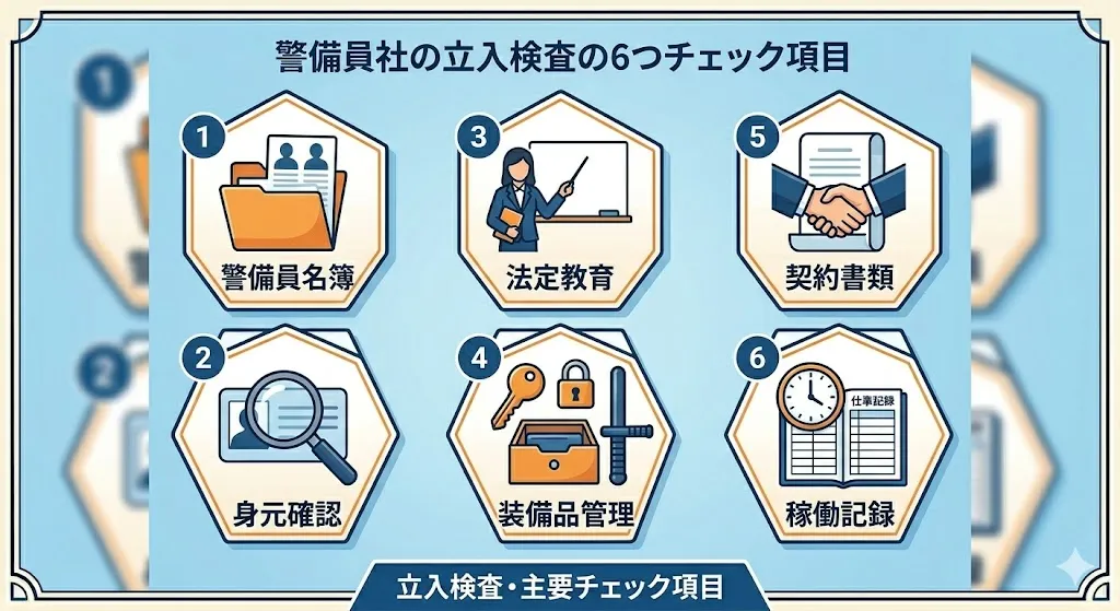 警備業の立入検査でチェックされる主要項目(警備員名簿、法定教育、身元確認、装備品管理、契約書、稼働記録)の解説