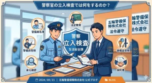 五輪警備保障株式会社の公式ブログ用アイキャッチ画像。警察官と警備会社社員が立入検査を行う様子と、名簿管理、教育、装備品管理などのチェック項目をわかりやすくまとめたイラスト。
