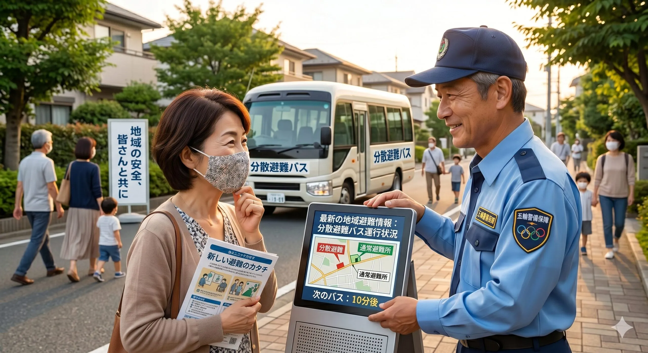 住宅街の屋外案内板で、最新の分散避難バス運行情報を指し示す笑顔の五輪警備保障員と住民の交流風景