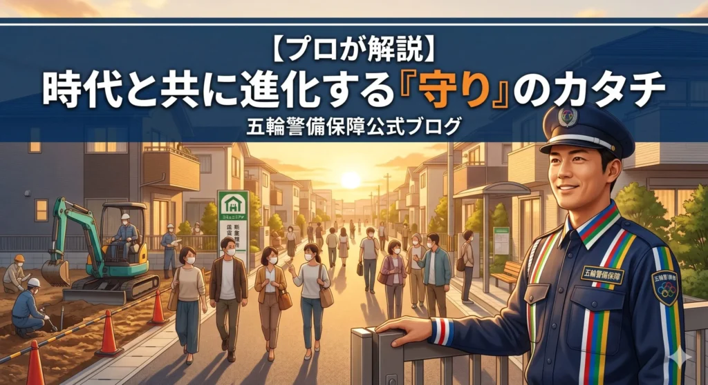 住宅街の安心を守る笑顔の警備員と、工事現場、避難所、歩く人々が描かれた、時代と共に進化する守りのカタチをテーマにしたアイキャッチ画像。五輪警備保障公式ブログの文字入り。