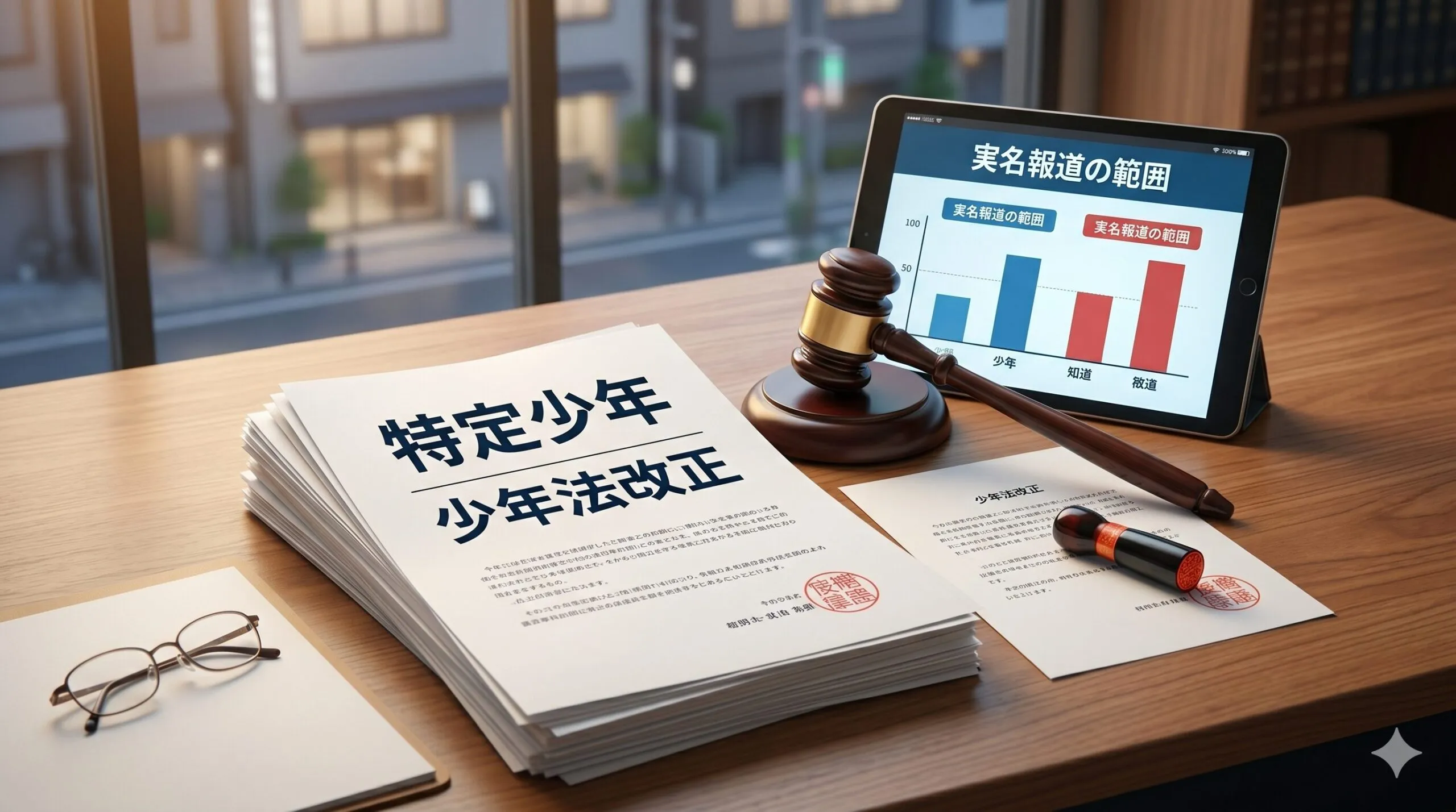 特定少年や少年法改正の書類、裁判のハンマーが置かれたデスクのイメージ