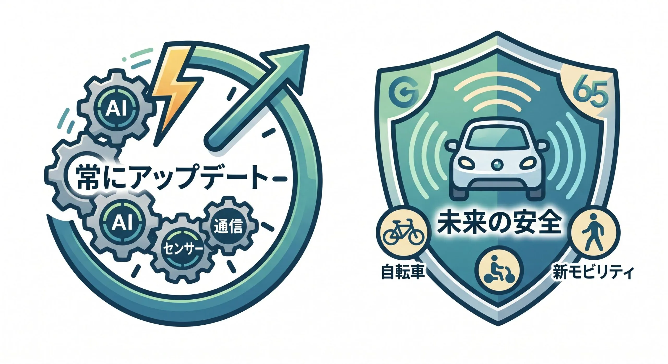 道路交通法の進化と安全性を表現したアイコン。左側は常にアップデートされるAIやセンサー技術、右側は盾の中に車・自転車・新モビリティが描かれた未来の安全デザイン。