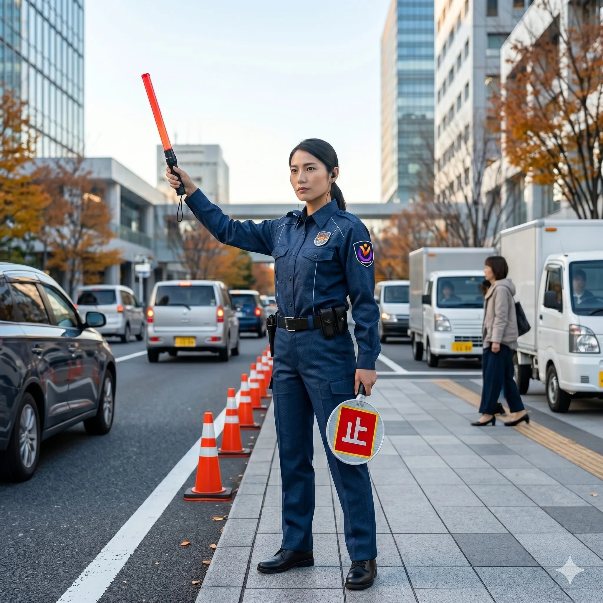 交通誘導を行う女性警備員の姿