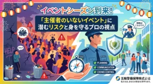 五輪警備保障（GOLIN SECURITY）のブログアイキャッチ画像。画面中央上部に「イベントシーズン到来！『主催者のいないイベント』に潜むリスクと身を守るプロの視点」というタイトルテキスト。画像左側は薄暗い夜の街でゴミが散乱し混沌とした「リスク」の雑踏、右側は明るい街でプロの警備員が誘導する「安全」な風景を描いた、対比型のイラスト。右下には五輪警備保障株式会社のロゴマークとURL。