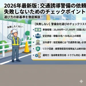 交通誘導警備の依頼時にチェックすべきポイントを解説する五輪警備保障株式会社のアイキャッチ画像。建設現場で誘導を行う警備員のイラスト。