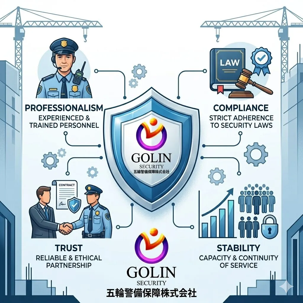 警備会社選定の4つの重要指標(プロフェッショナル、コンプライアンス、信頼、安定供給)を解説するインフォグラフィック