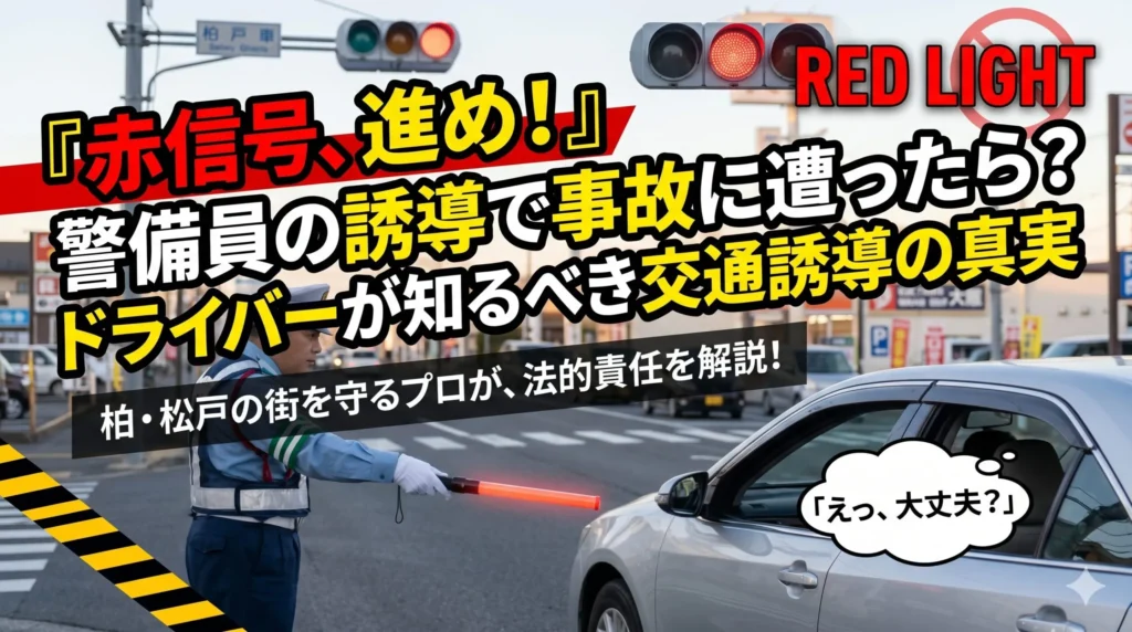赤信号の交差点で警備員が車を誘導している様子と、「赤信号、進め!警備員の誘導で事故に遭ったら?」という警告テキストが描かれたブログアイキャッチ画像。