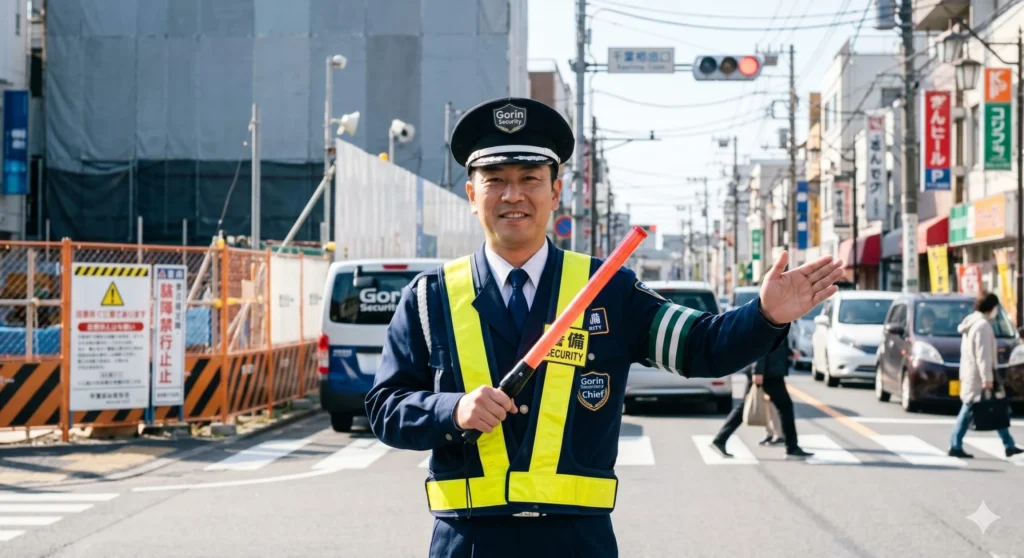 五輪警備保障の制服を着用し、街角で笑顔を交えながらキビキビと交通誘導を行うプロの警備員。
