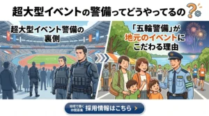 「超大型イベントの警備ってどうやってるの？」のブログ用アイキャッチ画像。左側にはスタジアムと厳重な装備の警備員、右側には手賀沼の花火大会やエコマラソン、市民と笑顔で触れ合う警備員のイラストが描かれており、「五輪警備」が地元のイベントを最優先にする地域密着の姿勢を表現している。下部には採用情報の案内ボタン。