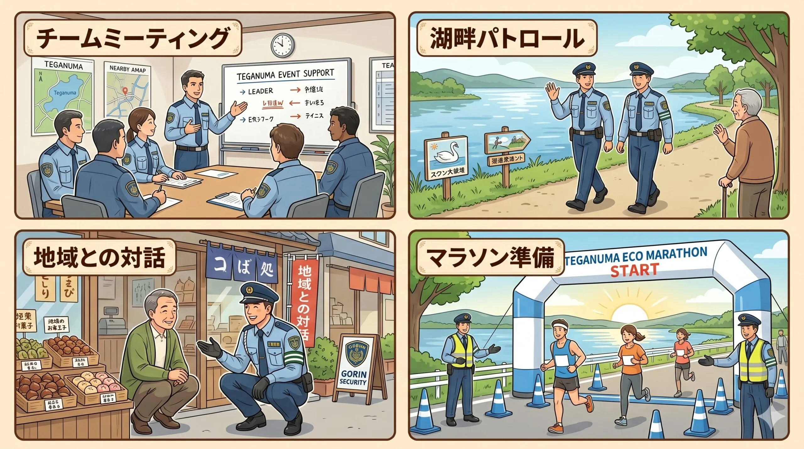 柏・松戸・我孫子エリアで活動する五輪警備の地域密着活動(チームミーティング、湖畔パトロール、地域との対話、手賀沼エコマラソン準備)のイラスト