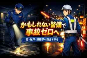 夜間巡回と交通誘導を行う警備員が安全確認を徹底する様子。かもしれない警備で事故ゼロを目指す千葉県柏・松戸・我孫子の警備会社ブログ用アイキャッチ画像。