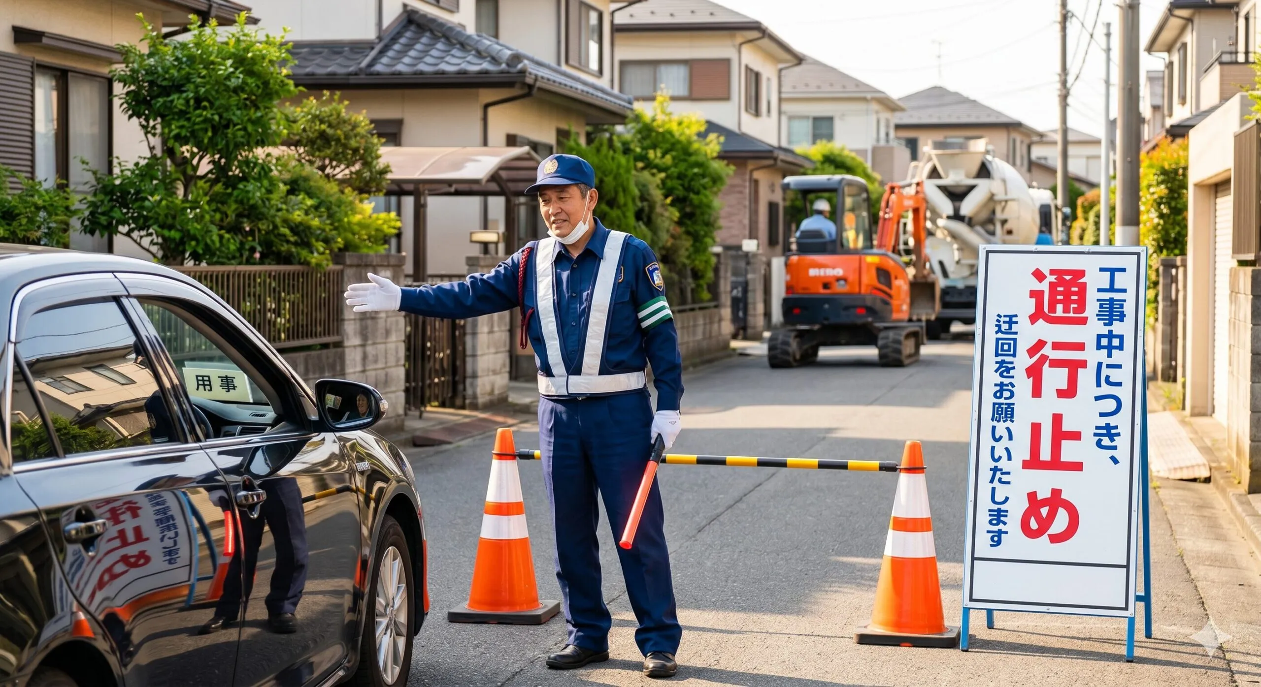 水道・ガス工事現場にて近隣住民へ丁寧に状況を説明する警備員