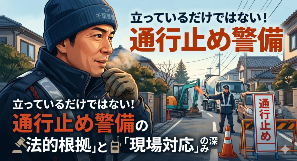 通行止め警備の法的根拠と現場対応について解説するブログのアイキャッチ画像。千葉県の冬の現場で働く警備員の様子。