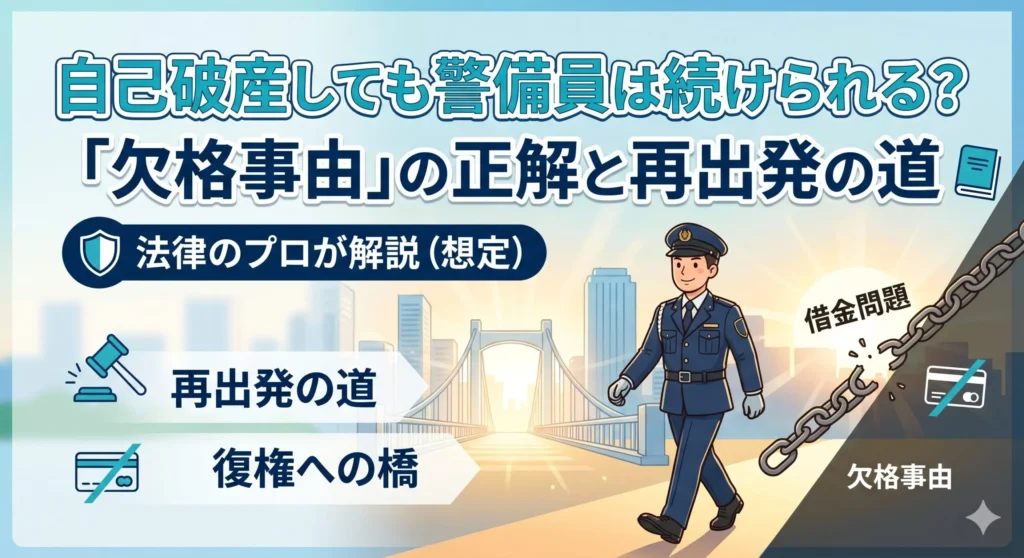 自己破産後の警備員の継続と再出発を解説するアイキャッチ画像。警備業法第14条の欠格事由と復権について、前向きな再出発をイメージしたイラストとともに紹介。