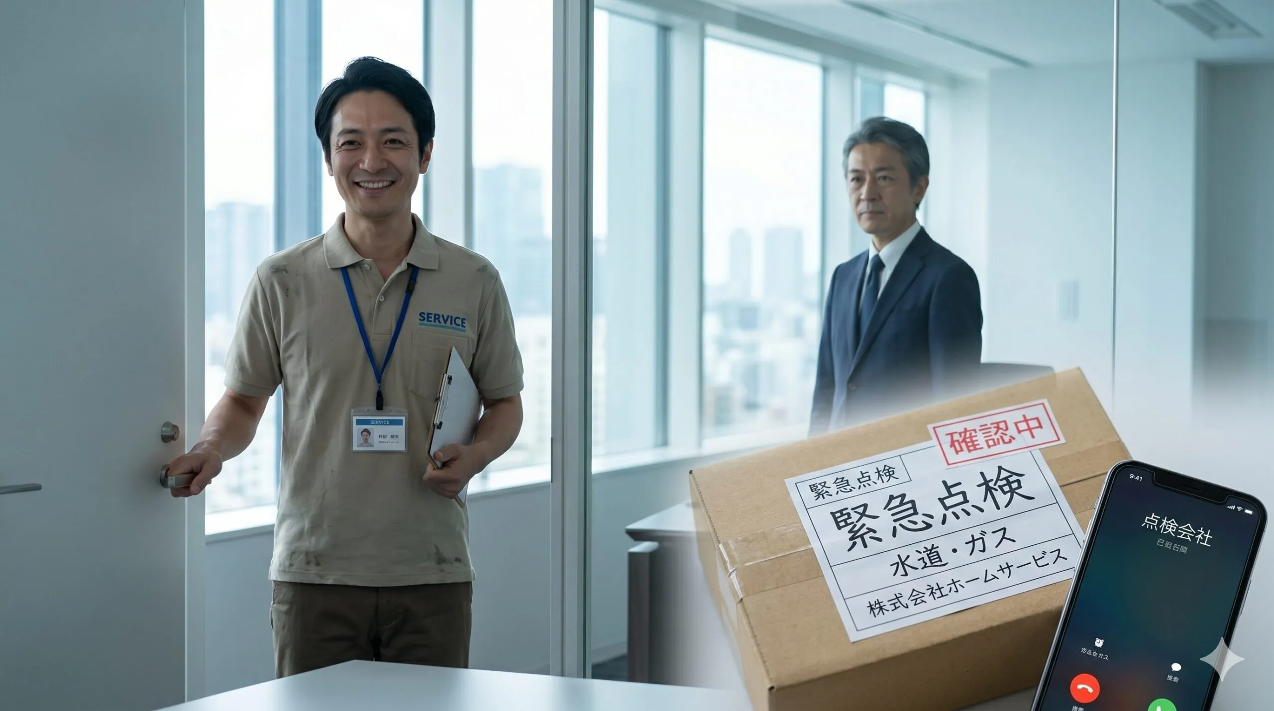点検業者を装った訪問者に対し、安易にドアを開けず厳重に身分証を確認する警備会社のプロフェッショナル