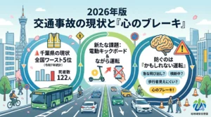 2026年版の交通事故防止啓蒙アイキャッチ画像。千葉県の交通死者数ワースト5位（122人）の現状、電動キックボードやながら運転といった新たな課題、そして解決策としての「かもしれない運転」と「心のブレーキ」の重要性を、街並みのイラストと共に解説したインフォグラフィック。