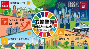 五輪警備が取り組む5つのSDGs目標と、手賀沼花火大会やエコマラソンなどの地域貢献活動をまとめたインフォグラフィック画像
