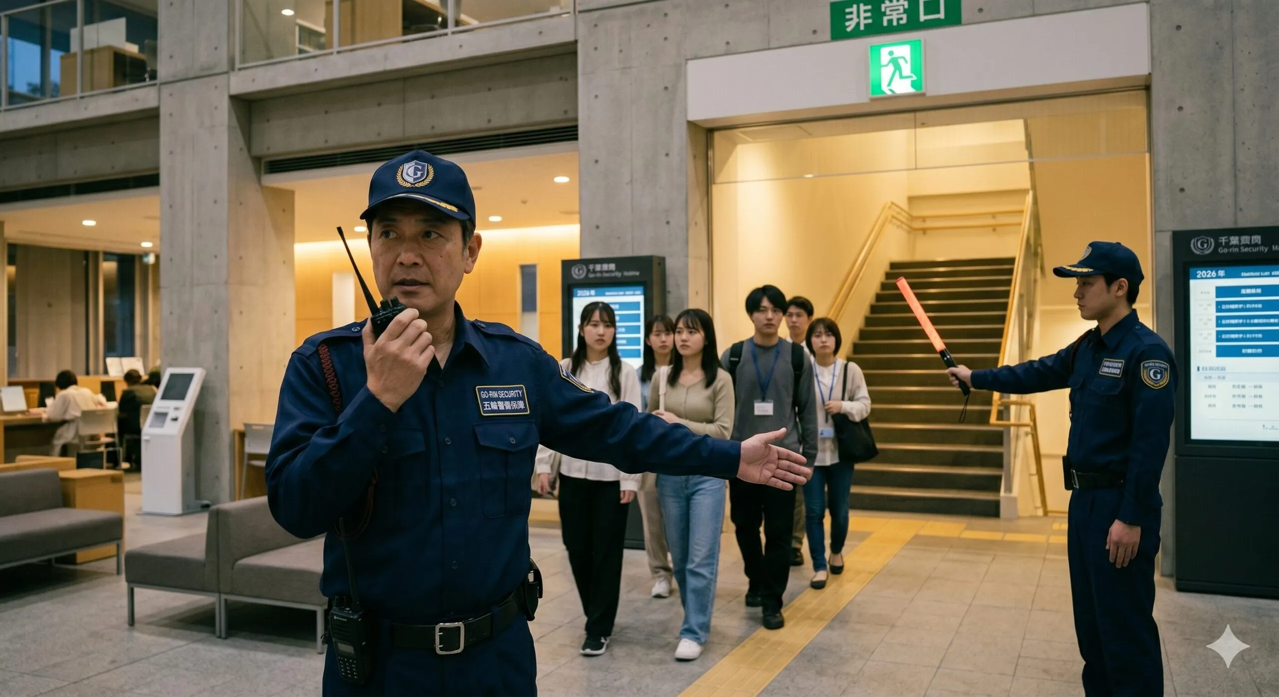 2026年5月、千葉県柏市の施設で、無線機を使い冷静に避難誘導を行う五輪警備保障の警備員