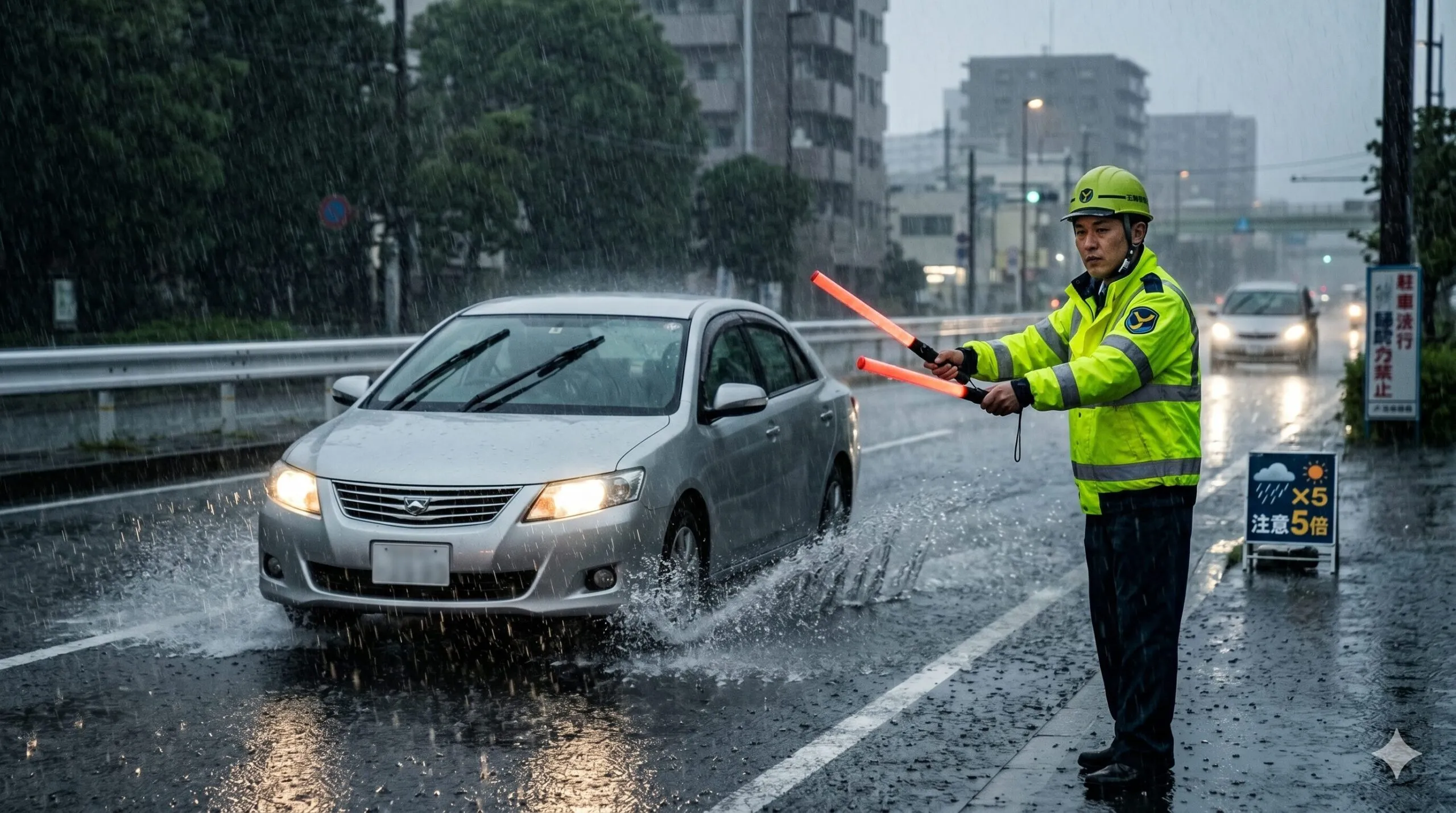 雨天時の交通誘導現場:激しい雨の中、水しぶきを上げる車両に対して慎重に交通誘導を行う警備員