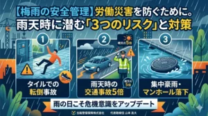 梅雨の労働災害を防ぐための3つのリスク(タイル転倒、雨天交通事故5倍、マンホール落下)を解説するインフォグラフィック。五輪警備保障株式会社による注意喚起。