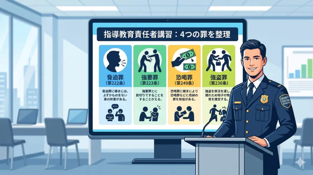 指導教育責任者講習で学ぶ「脅迫罪・強要罪・恐喝罪・強盗罪」の違いを解説するイラスト