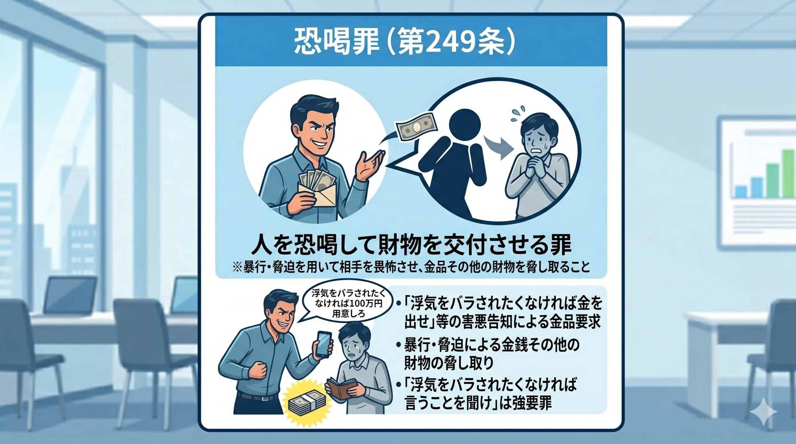 恐喝罪(刑法第249条)の要件である相手を畏怖させて金品を脅し取る仕組みのイラスト