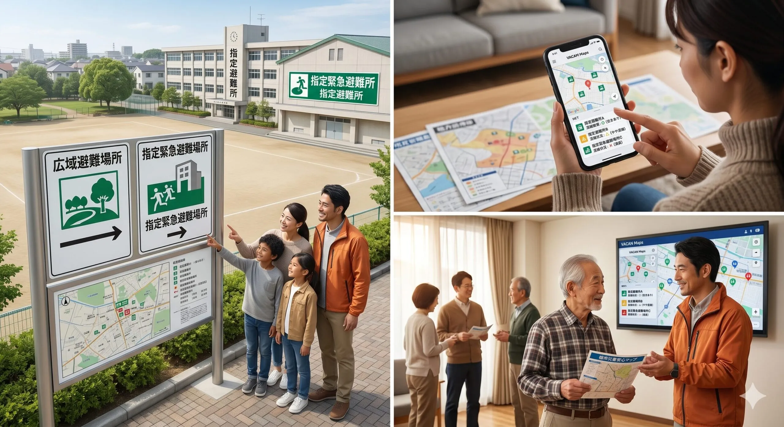 避難所の看板を確認する家族とスマートフォンの活用イメージ