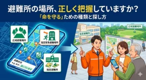 避難所の種類（広域・緊急・指定）の解説と、スマートフォンの地図アプリで混雑状況を確認しながら避難所を探すイメージイラスト。