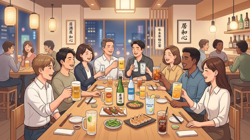 居酒屋でノンアルコール飲料や料理を囲み、スマートかつ安全にお酒を楽しむ忘年会・宴席のイラスト