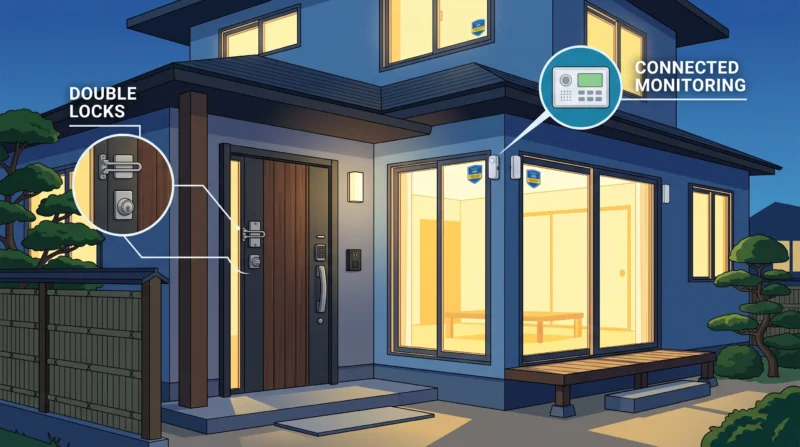 夕暮れ時に照明が点灯した住宅の空き巣対策イメージ。ツーロックの玄関ドアや窓の防犯センサーで侵入を防ぐ様子