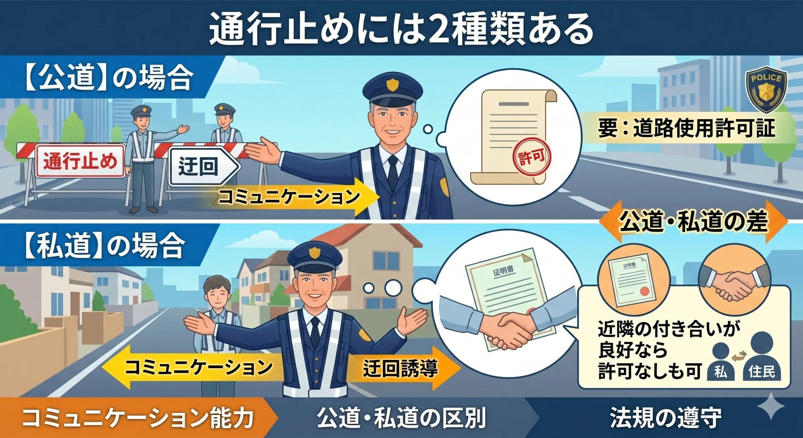 通行止めの2つの種類（公道での通行止めと私道での迂回誘導）における、道路使用許可証の有無やみなし公道の注意点、現場対応の違いをまとめた図解