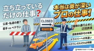 「通行止めは簡単な仕事？」というタイトル。左側にバリケードの前に立つ若手警備員、右側にドライバーへ丁寧に迂回を案内するベテラン警備員が対比して描かれた、通行止め警備の奥深さを伝えるアイキャッチイラスト。