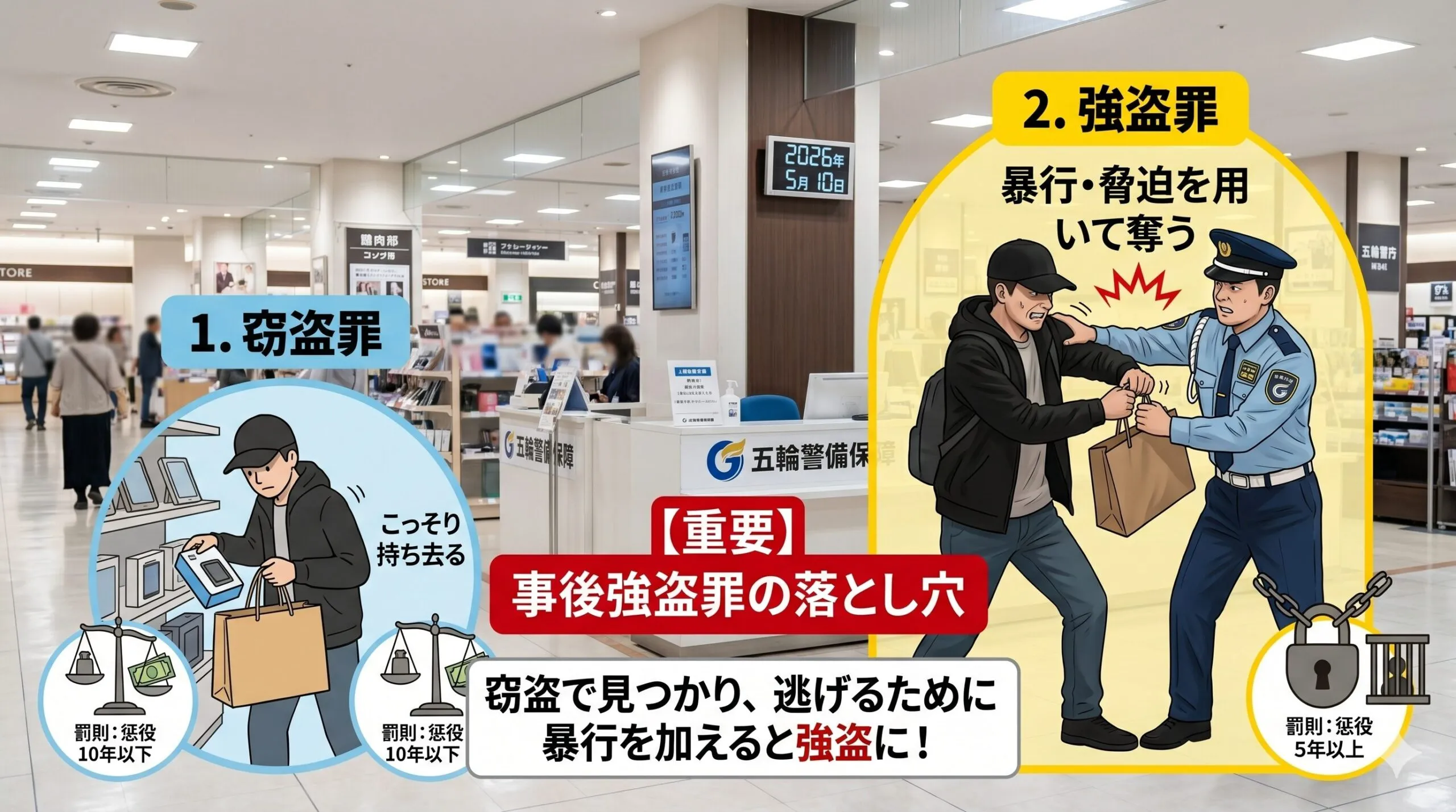 窃盗が事後強盗に変わる瞬間の図解イラスト