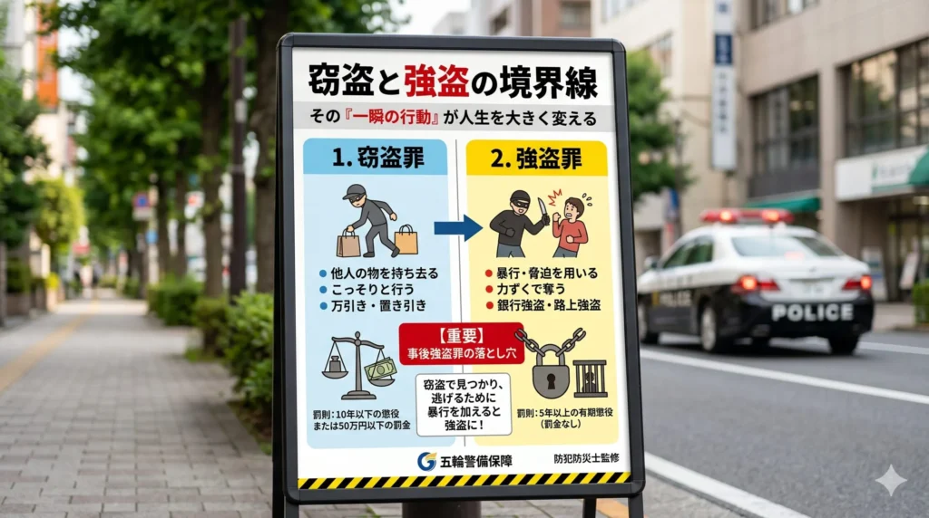 窃盗罪と強盗罪の違いを比較したインフォグラフィック看板。左側に窃盗罪(こっそり持ち去る)、右側に強盗罪(暴力や脅迫を用いる)の解説があり、その境界線として『事後強盗罪』の重要性を説明している図解。背景は日本の街並みとパトカー