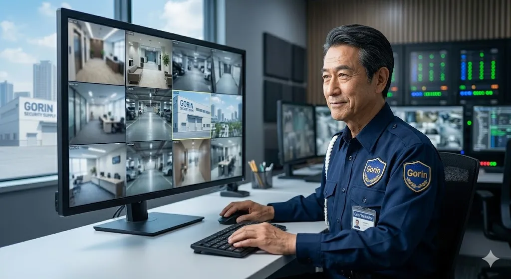 モニターを注視するベテラン警備員