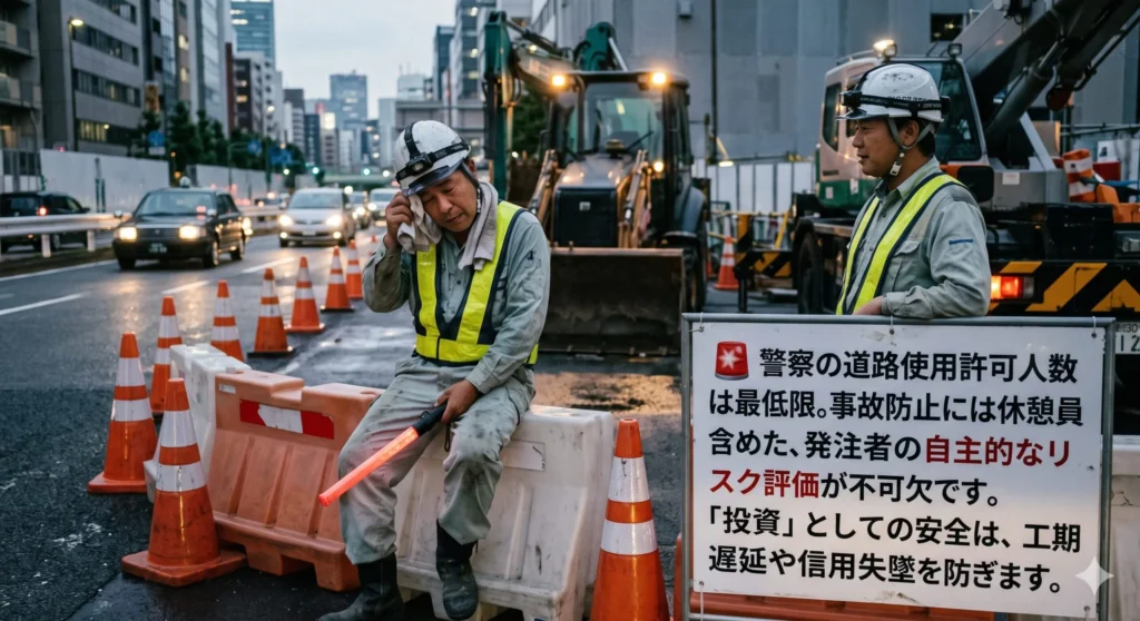 夜間の道路工事現場でガードレールに座り汗を拭う交通誘導警備員と、休憩要員を含めた自主的なリスク評価の重要性を訴える看板