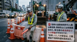 夜間の道路工事現場でガードレールに座り汗を拭う交通誘導警備員と、休憩要員を含めた自主的なリスク評価の重要性を訴える看板