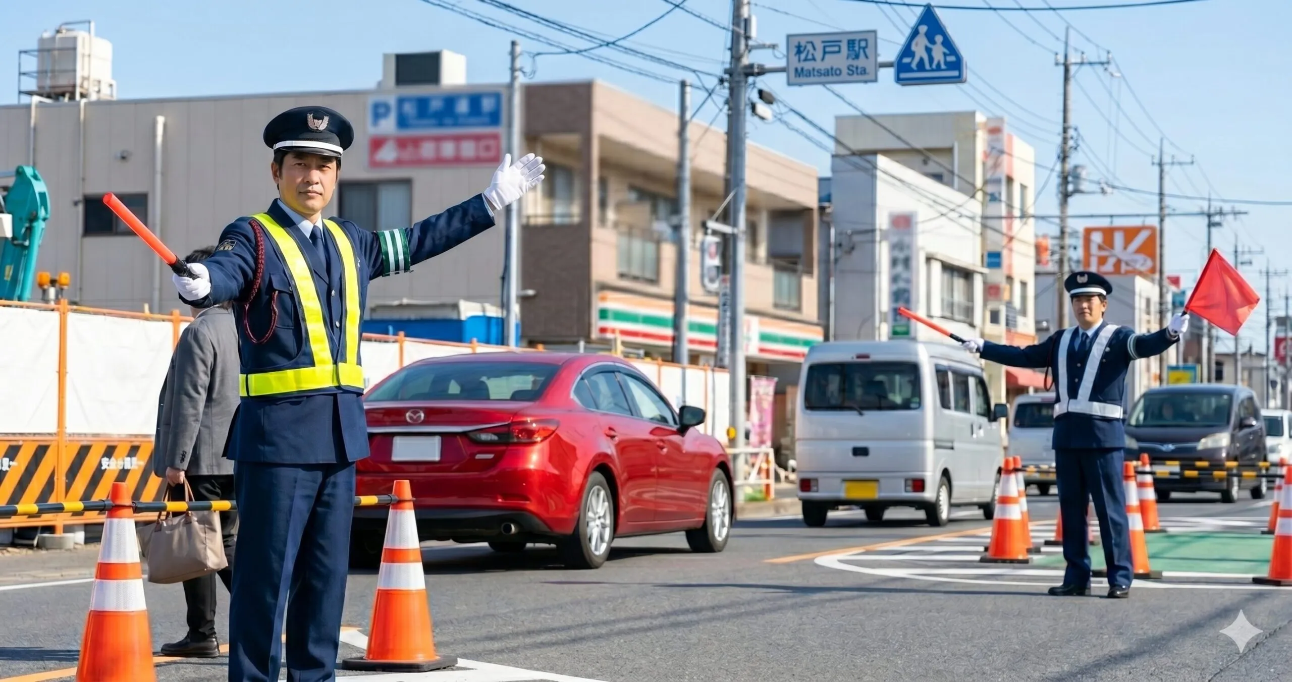 道路工事現場の交差点で歩行者と車両の安全を最優先に誘導する交通誘導警備員