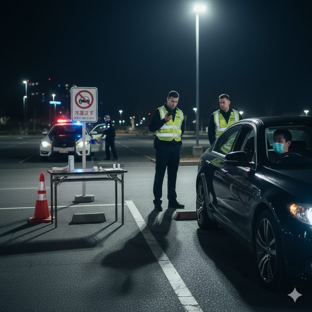 警備員がアルコールチェッカーを持ち、ドライバーに対して確認を行っている様子