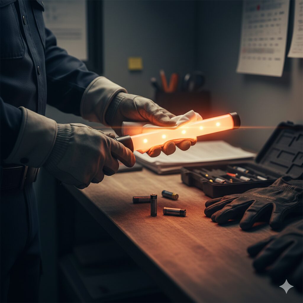 一本の誘導灯を丁寧にメンテナンスする警備員の手元