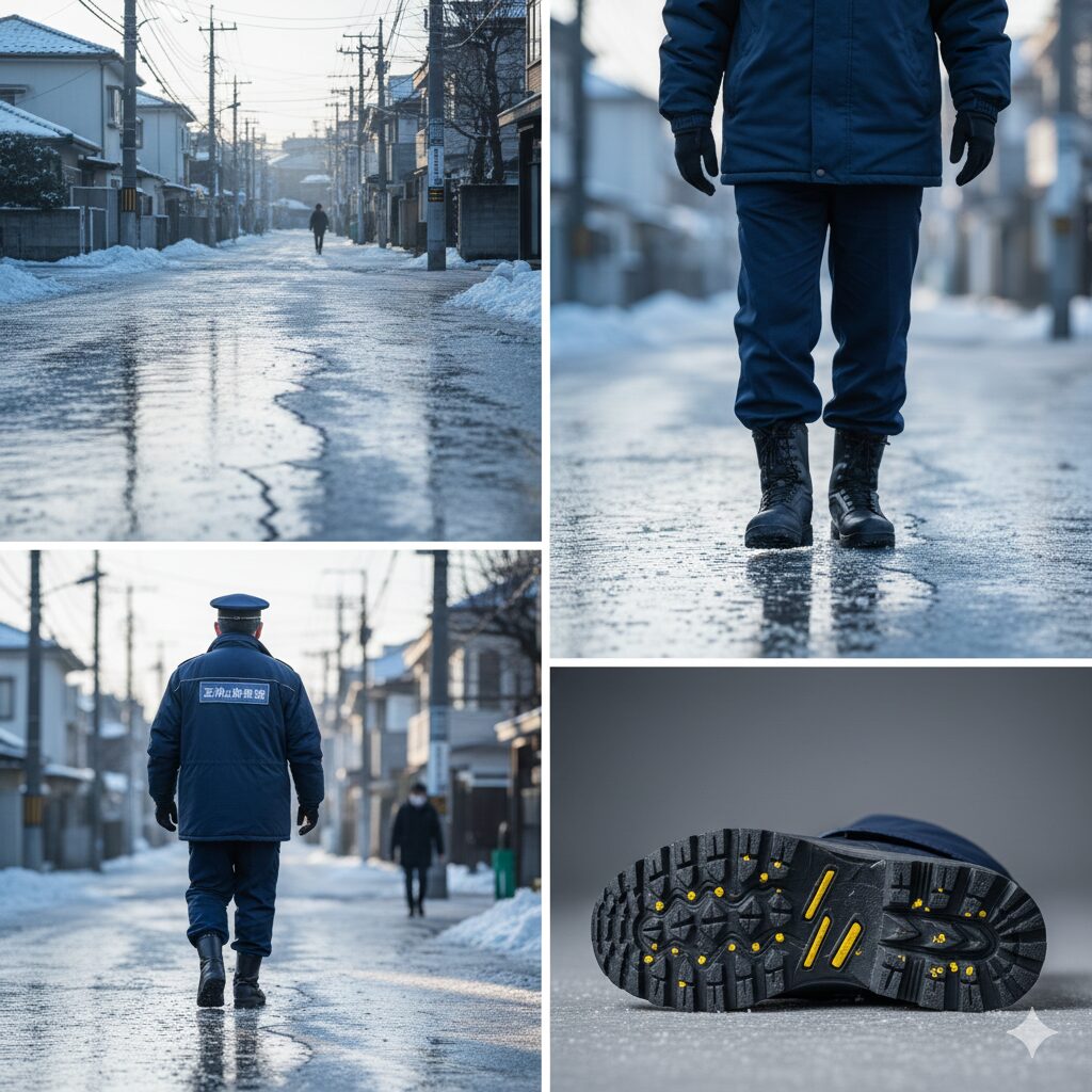 【保存版】凍える朝、滑らないために。警備員が現場で実践する「究極の歩行術」と「プロの靴選び」