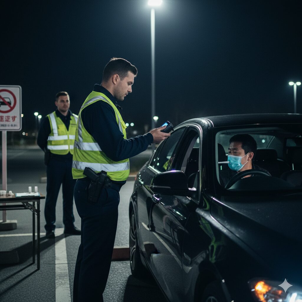 夜間の駐車場で、誘導灯を持ち厳しく車両をチェックしている警備員の様子