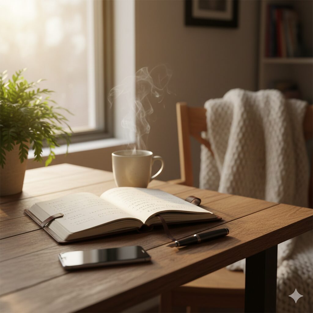 窓際で温かいお茶と手書きのノート