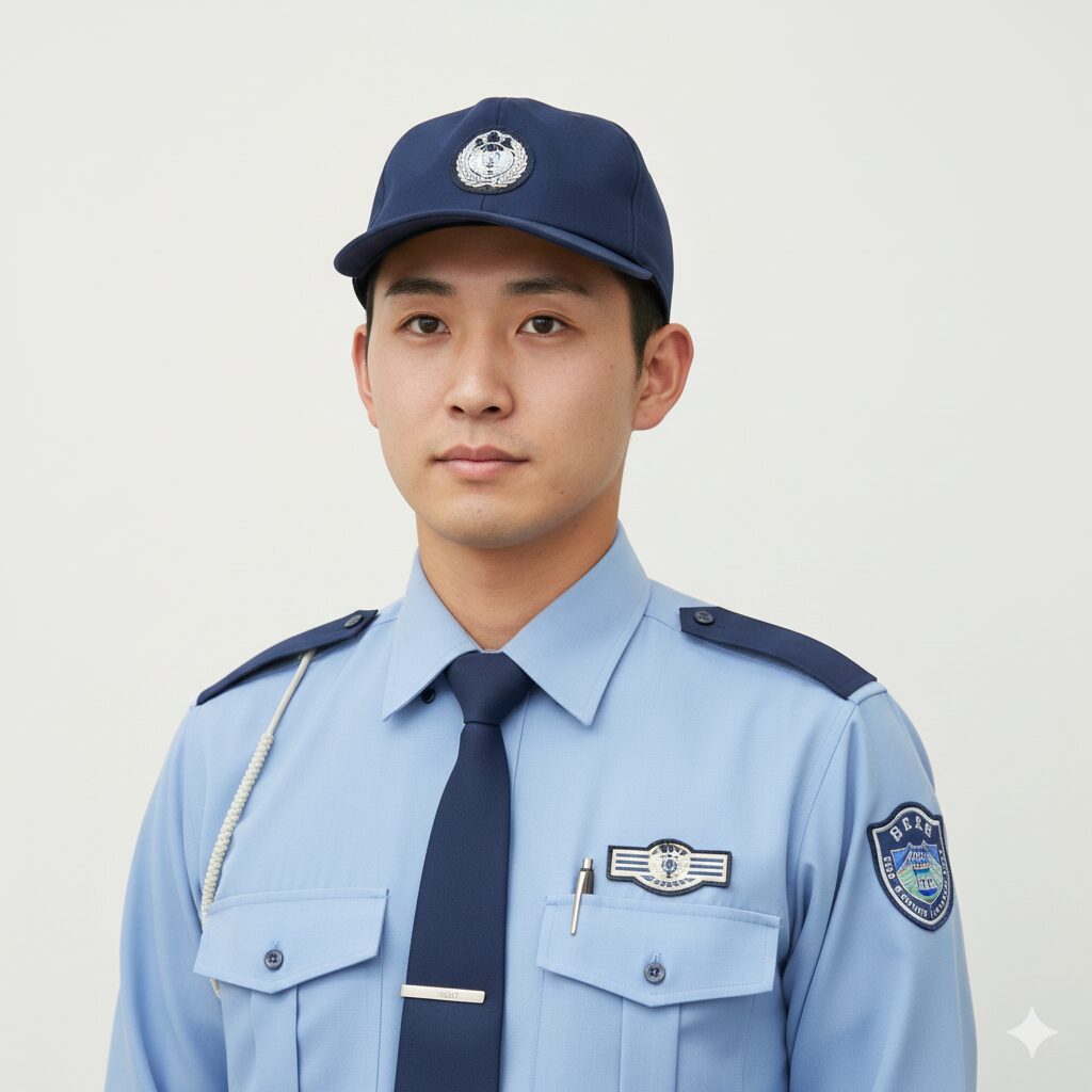 夕暮れの柏を彩る誘導灯の光と若き警備員