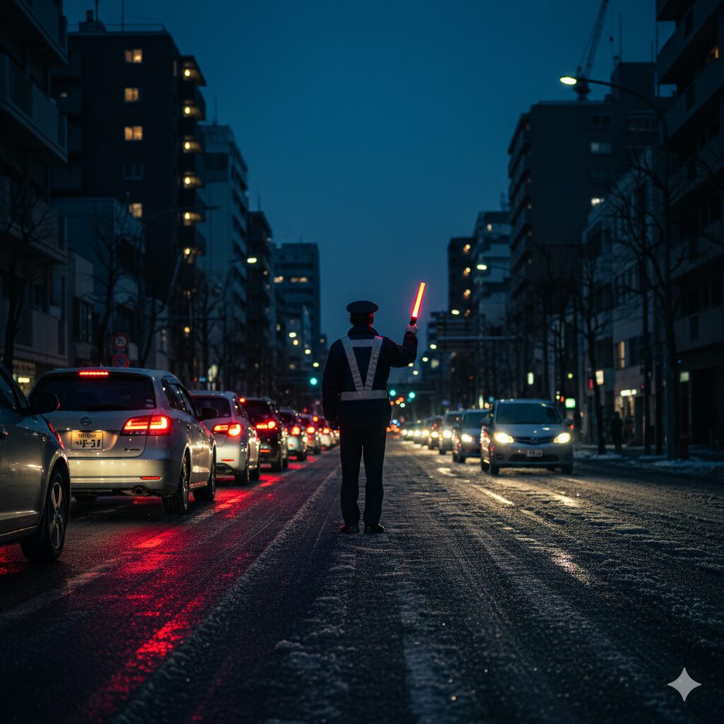 夕暮れの柏、誘導灯が描く安全の光